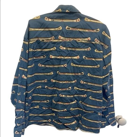 Vintage Barn Fly button up shirt all over Canoe Print navy blue and brown sz M - Picture 2 of 5